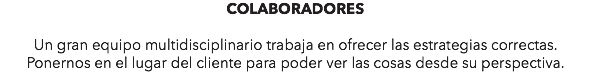 COLABORADORES Un gran equipo multidisciplinario trabaja en ofrecer las estrategias correctas. Ponernos en el lugar del cliente para poder ver las cosas desde su perspectiva.
